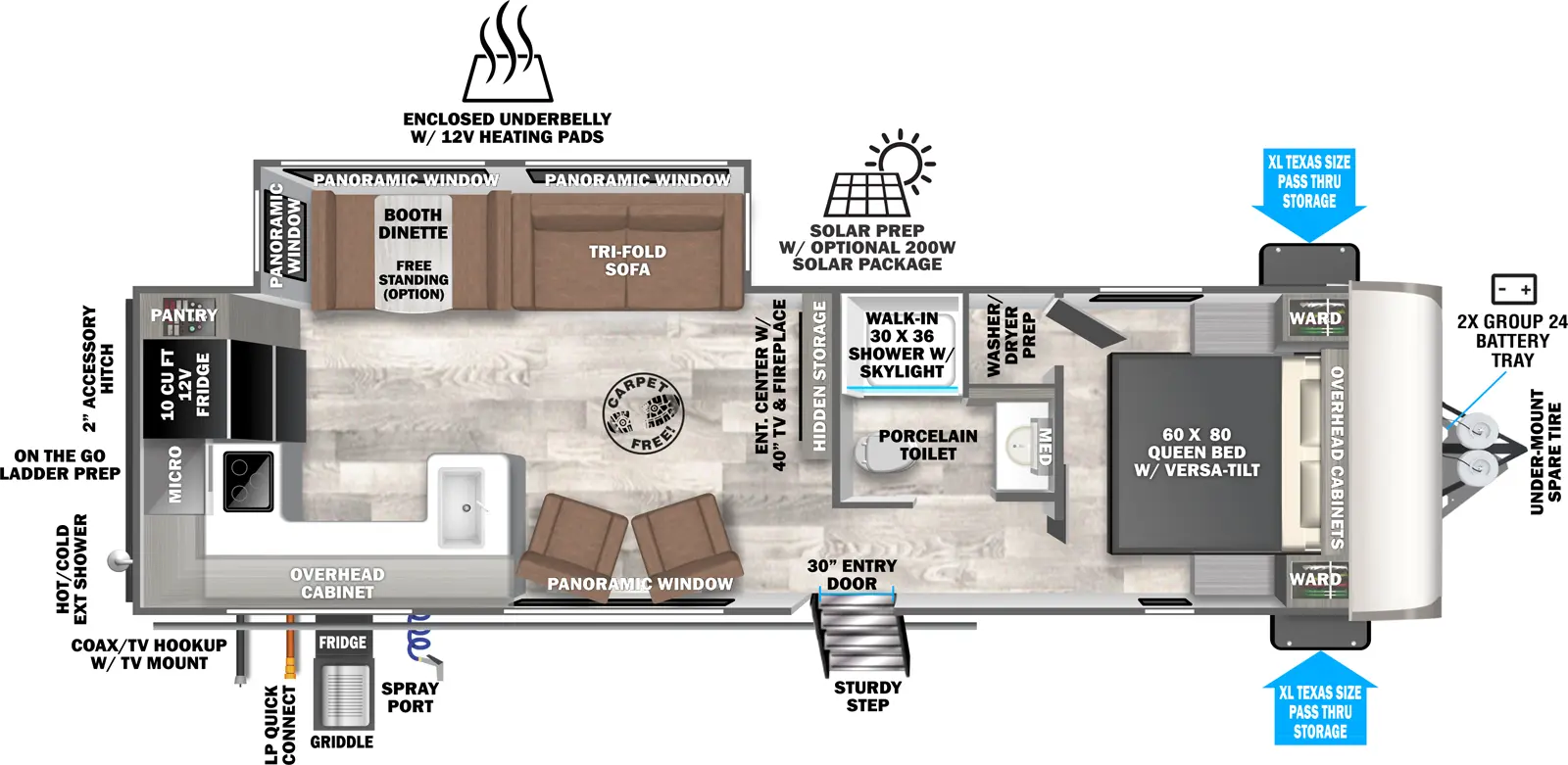 The Heritage Glen Travel Trailers 27RKHL has one entry and one slide out. Exterior features include: fiberglass exterior and outside kitchen. Interiors features include: rear kitchen, free-standing dinette option and front bedroom.